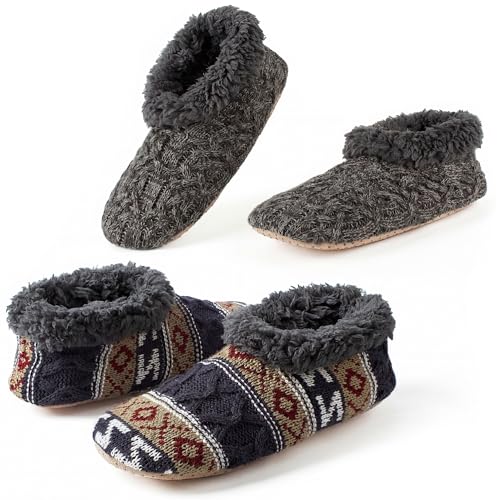 Men's Fuzzy Slippers 2-Pack with Non-Slip Soles - Grey & Navy, Size 12-13