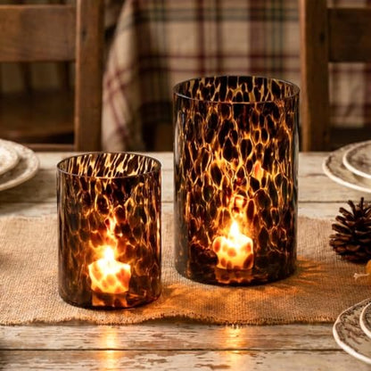Tortoise Shell Candle Holders Set of 2 - Cheetah Print Glass Decor