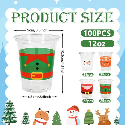 Christmas Disposable Plastic Cups 12oz with Santa Elf Snowman Gingerbread Design 100 Pack