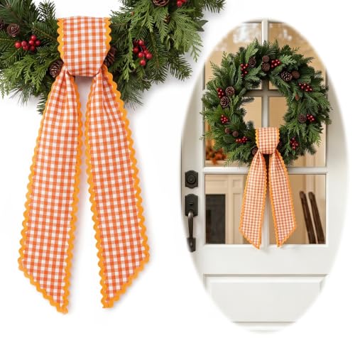Orange White Plaid Wreath Sash for Front Door - Farmhouse Decor, 5x56 inches
