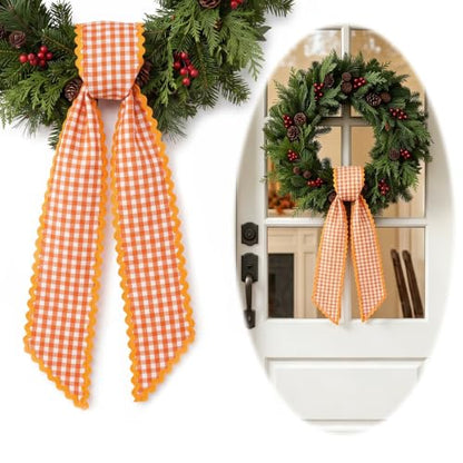 Orange White Plaid Wreath Sash for Front Door - Farmhouse Decor, 5x56 inches