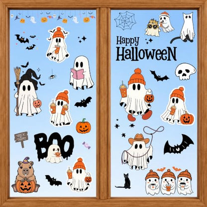 Halloween Window Stickers - Ghost Pumpkins Bats Spiders Decals 9 Sheets