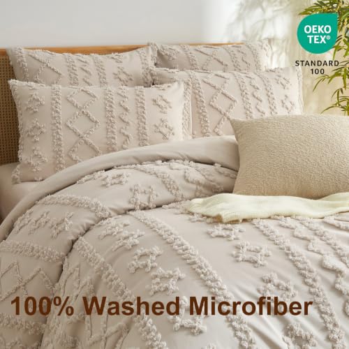Queen Size Tufted Boho Duvet Cover Set - Farmhouse Beige Bedding