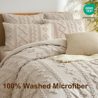 Queen Size Tufted Boho Duvet Cover Set - Farmhouse Beige Bedding