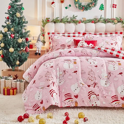 Pink Snowman Christmas Comforter Sheet Set King - 7 Pieces Holiday Bedding