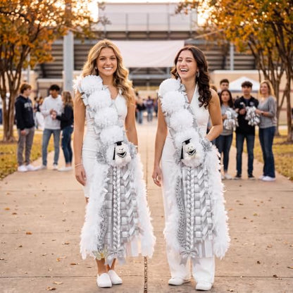 50-Inch Homecoming Mum Sash Flowers with Teddy Bear Bow Silver White