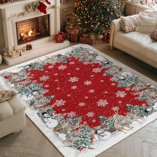 Red Snowman Deer Christmas Area Rug 5x7 Feet Winter Home Decor Washable Entryway Bedroom Living Room