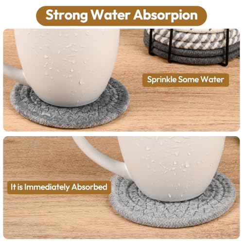 10-Pack Cotton Linen Coasters with Holder, Absorbent Drink Coasters for Kitchen & Bar