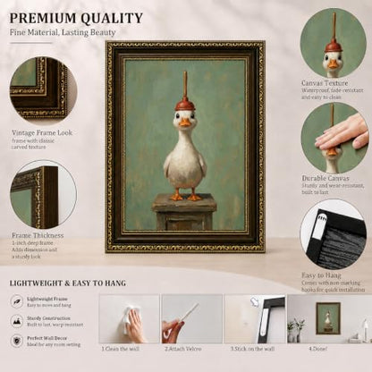 Funny Bathroom Duck Wall Art Canvas - Gold Frame, 9x11 inches, Goose Variation
