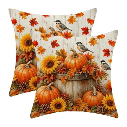 Fall Decor Pillow Covers 18x18 Set of 2 Pumpkin Sunflower Autumn Farmhouse Cushion Cases