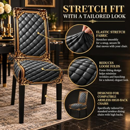 4pcs Washable Baroque Print Chair Cover Set for Dining Chairs - Black Gold