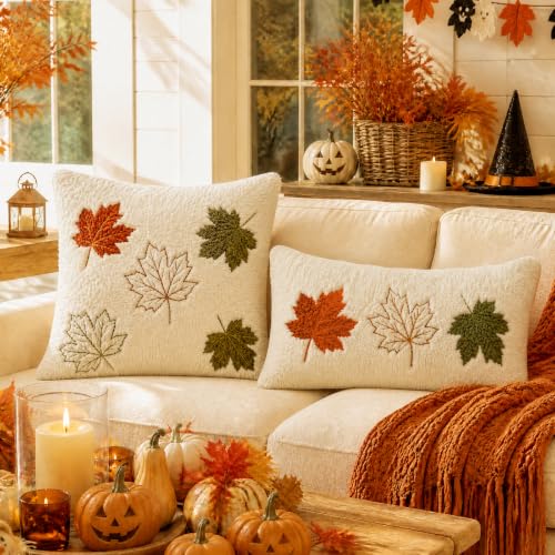 Fall Halloween 18x18 Inch Pillow Cover - Autumn Farmhouse Decor, Cozy Fluffy Throw Cushion with Maple Leaf Embroidery, Colorful, Pack of 1