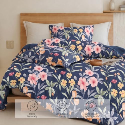 Blue Botanical Floral Cotton Duvet Cover Set 3 Piece King Size