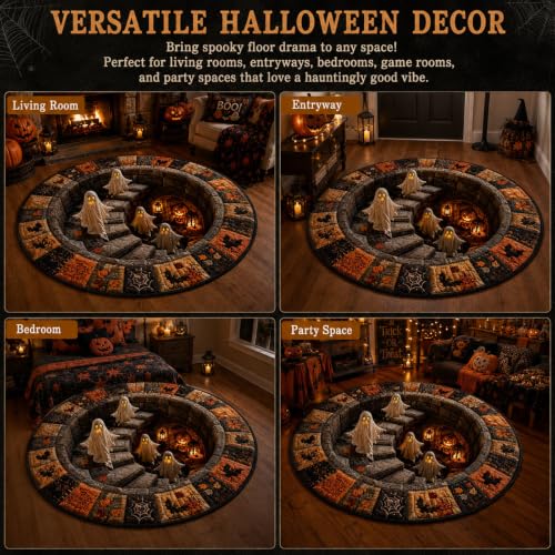 3D Haunted Staircase Round Rug - Optical Illusion Halloween Mat 39.4in Diameter