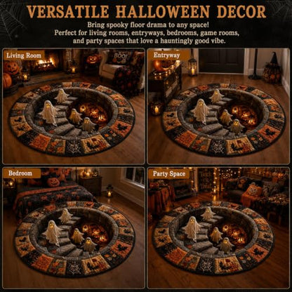 3D Haunted Staircase Round Rug - Optical Illusion Halloween Mat 39.4in Diameter