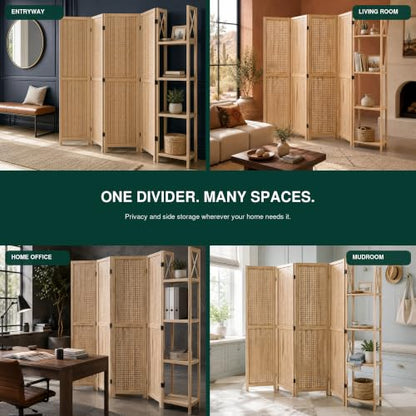 Pegboard Room Divider with Side Shelves - 4-Panel Display, Natural