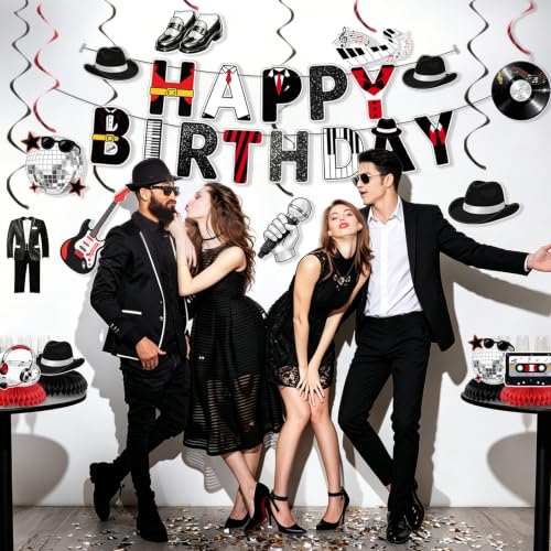 Retro Disco Party Decorations Set Black Red - Music Legend Birthday Supplies with Banner Honeycomb Centerpieces & Hanging Swirls