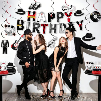 Retro Disco Party Decorations Set Black Red - Music Legend Birthday Supplies with Banner Honeycomb Centerpieces & Hanging Swirls
