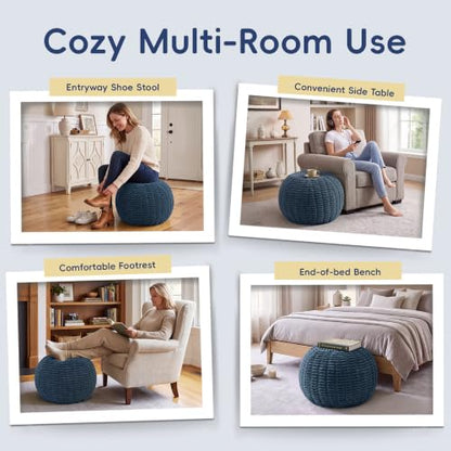 Small Round Blue Grey Tufted Ottoman Footrest for Living Room
