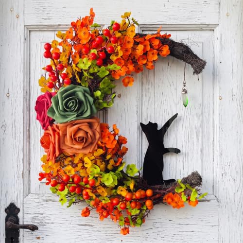 Black Cat Moon Halloween Wreath - Gothic Fall Front Door Decor D