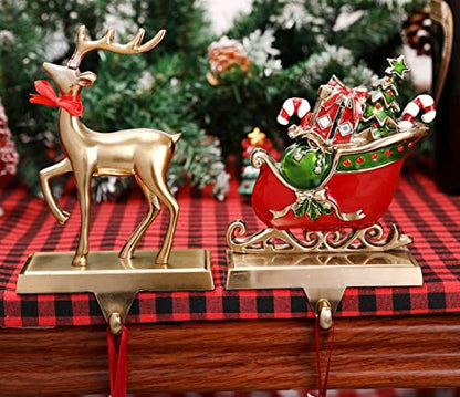 Antique Gold Reindeer Christmas Stocking Holder Set for Fireplace Mantle Decor