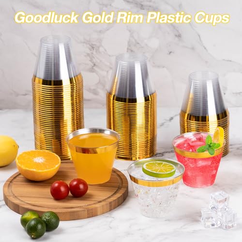 Gold Plastic Cups 9oz Disposable Party Cups - 200 Pack, Gold Rim