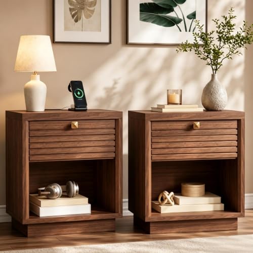 Fluted Nightstands Set of 2 with Charging Station & Drawer, Walnut – 23" Wide Bedside Tables