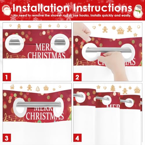 No Hook Christmas Santa Shower Curtain with Snap-in Liner 71x74 Inches - Holiday Bathroom Decor