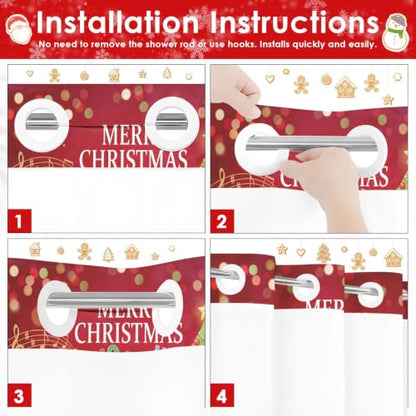 No Hook Christmas Santa Shower Curtain with Snap-in Liner 71x74 Inches - Holiday Bathroom Decor