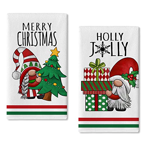 Gnome Christmas Tree Holiday Kitchen Dish Towel Set of 2 - Merry Christmas Decor