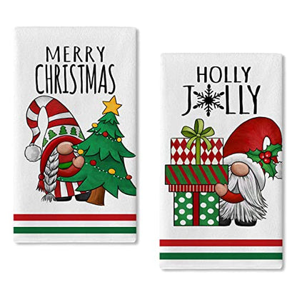 Gnome Christmas Tree Holiday Kitchen Dish Towel Set of 2 - Merry Christmas Decor