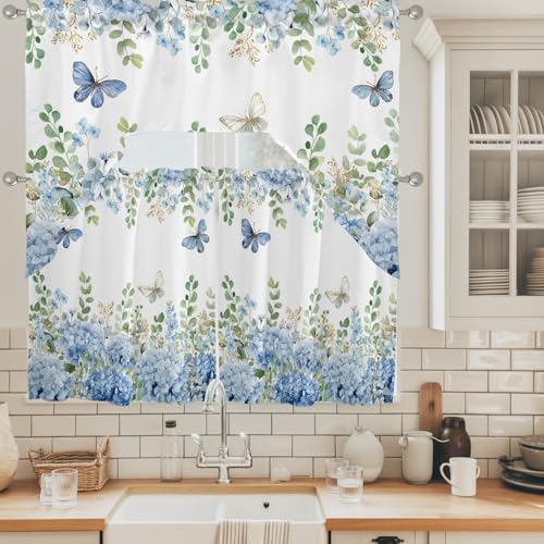 Blue Hydrangea Swag Kitchen Curtain Set - 3 Piece Blue Floral Window Valance and Tier, 27.5" x 24", Variation of THIS listing