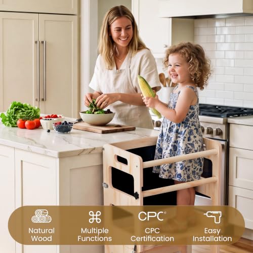 Natural Toddler Kitchen Step Stool 4-in-1 Foldable Learning Tower with Blackboard
