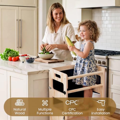 Natural Toddler Kitchen Step Stool 4-in-1 Foldable Learning Tower with Blackboard