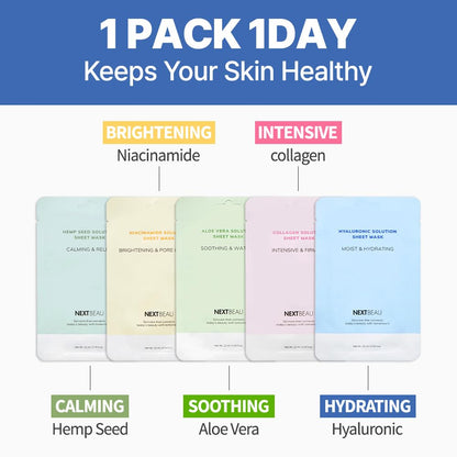 NEXTBEAU Korean Facial Sheet Mask Variety Pack - 10 Count (5 Types x 2 Sheets) for Daily Skincare