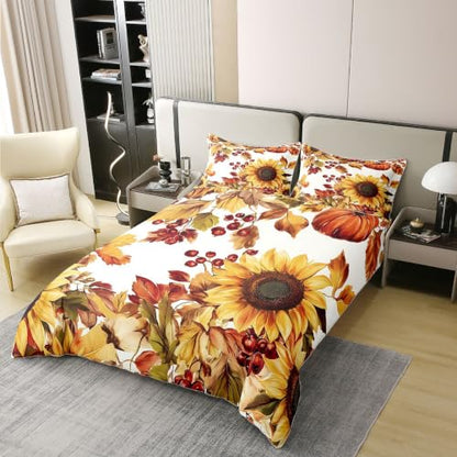 Feelyou Sunflower Duvet Cover Set - 100% Cotton King Size White Yellow & Red Orange Bedding with Zipper Closure