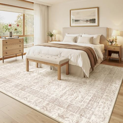 Vintage Beige 8x10 Washable Rug - Foldable, Soft, Stain-Resistant Area Rug