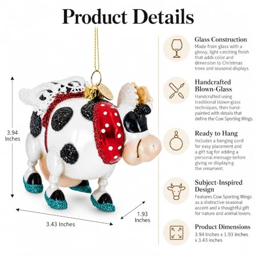 Cow Glass Christmas Ornament with Sporting Wings Handcrafted Holiday Decor