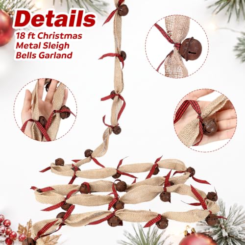 36 ft Rustic Christmas Bell Garland with Burlap & Metal Sleigh Bells - Farmhouse Decor