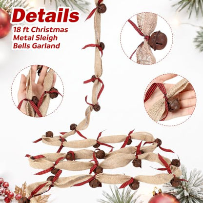 36 ft Rustic Christmas Bell Garland with Burlap & Metal Sleigh Bells - Farmhouse Decor