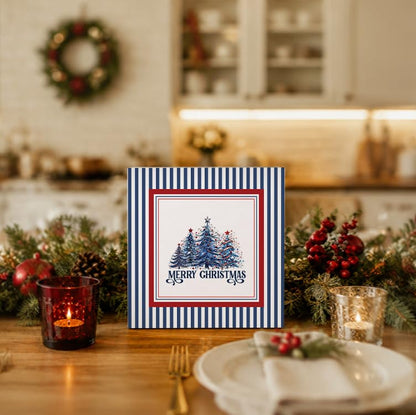 Red, Blue & White Christmas Tree Wooden Sign - 5x5 Inch Holiday Decor - Blue & Red Variation