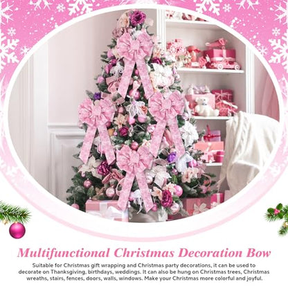 Pink Velvet Christmas Bow Set - Wired Snowflake Holiday Decorations, 6 Pcs