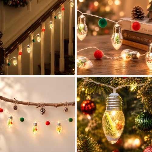 Warm White 6.6FT Christmas Snow Globe String Lights with Ornaments - Indoor/Outdoor Decor