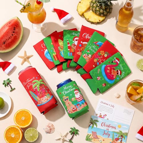 Christmas in July Can Coolers 24 Pack - Tropical Hawaiian Beer Sleeve Set with 2 Sizes