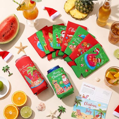 Christmas in July Can Coolers 24 Pack - Tropical Hawaiian Beer Sleeve Set with 2 Sizes