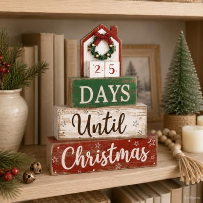 House Christmas Countdown Decorations Indoor - Wooden Festive Calendar with Mini House - Earligrow