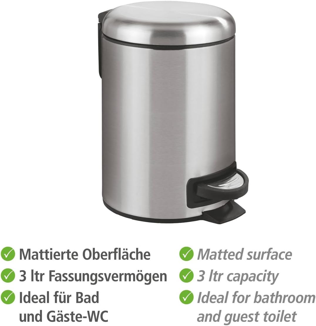 WENKO Stainless Steel Small Trash Can - 0.79 Gal Bathroom Garbage Bin with Lid & Pedal | Easy Close Design