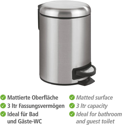 WENKO Stainless Steel Small Trash Can - 0.79 Gal Bathroom Garbage Bin with Lid & Pedal | Easy Close Design