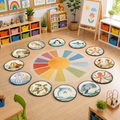12Pcs Classroom Carpet Seats - Marine Animals Round Floor Mats for Kids