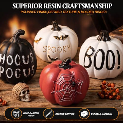 Halloween Pumpkin Decor Set - 4 Resin Black, White & Orange Figurines